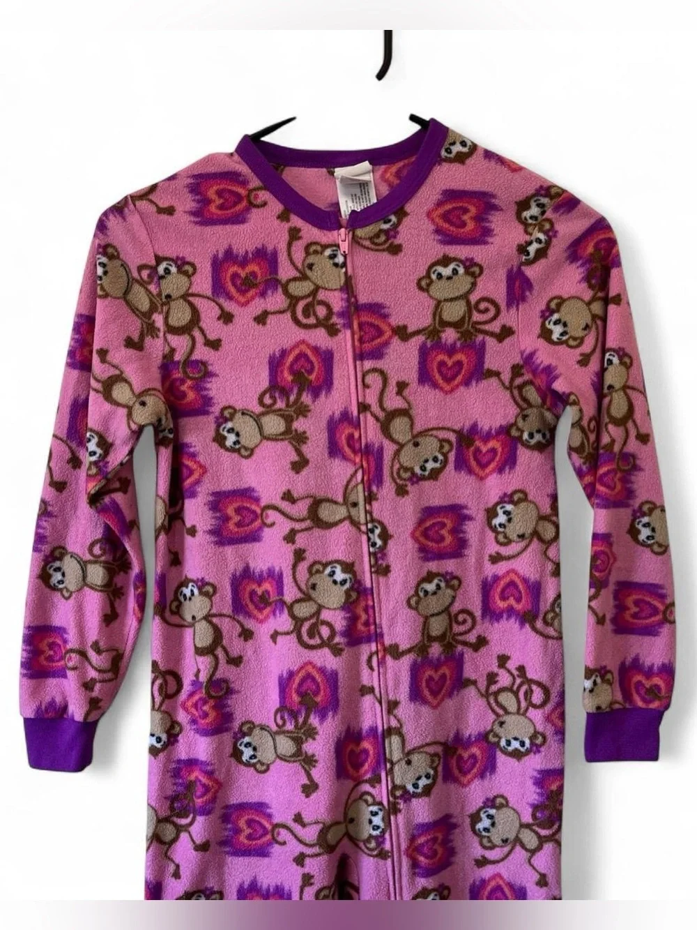 Girls Medium One Piece Fleece Sleeper Playful Monkey Hearts Graphic Footless GUC